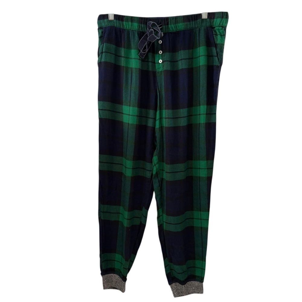 Aerie Medium Green Navy Plaid Flannel Jogger Lounge Pajama Pants Cozy